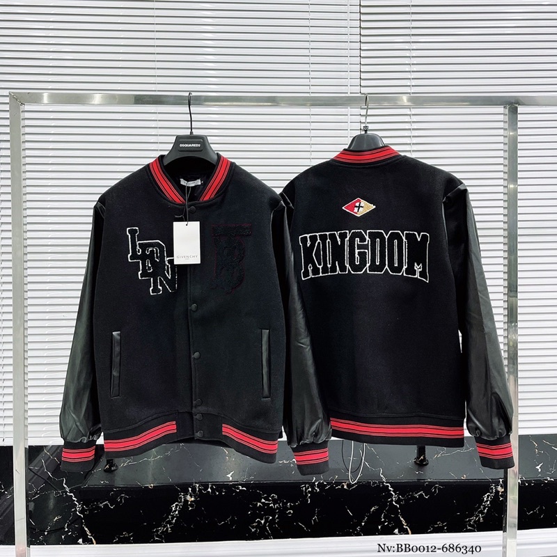 Áo khoác bomber nam nữ vải dạ thêu chữ BT KINGDOM bông xù hai mặt tay da phối bo chun sọc đỏ cao cấp