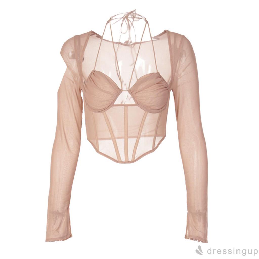 Áo Croptop Tay Dài Phối Lưới Nhiều Dây Cổ Khoét Sâu Màu Sắc Thời Trang Cho Nữ