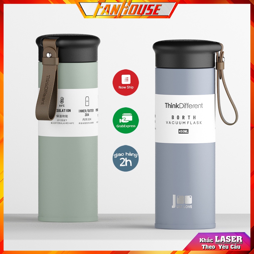 Bình nước Think Love giữ nhiệt 12h Fan House ly nước cao cấp chính hãng 450ml chất liệu inox 304 móc treo bằng da thật