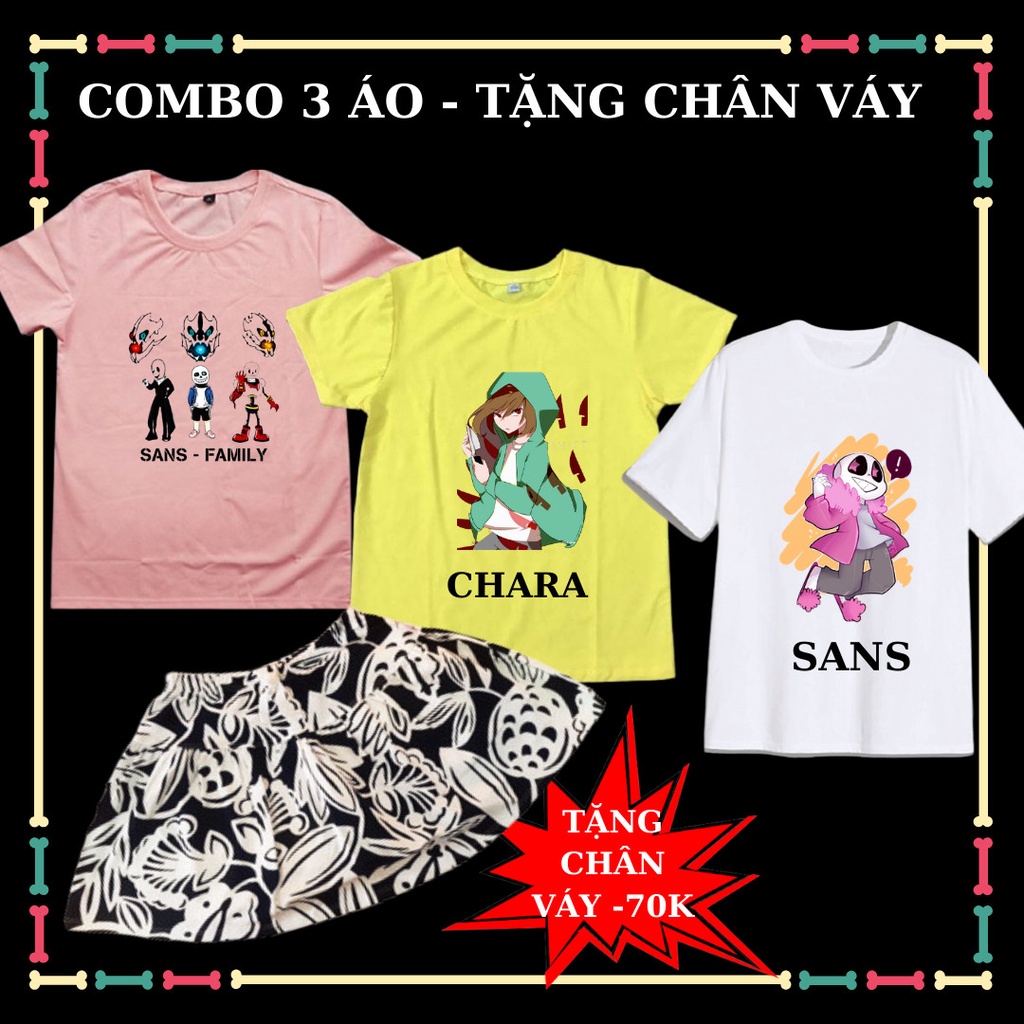 Tặng chân váy bé gái trị giá 70k- Combo Áo Chara, Sans, Hero Team, Baby Shark tay ngắn cho trẻ em