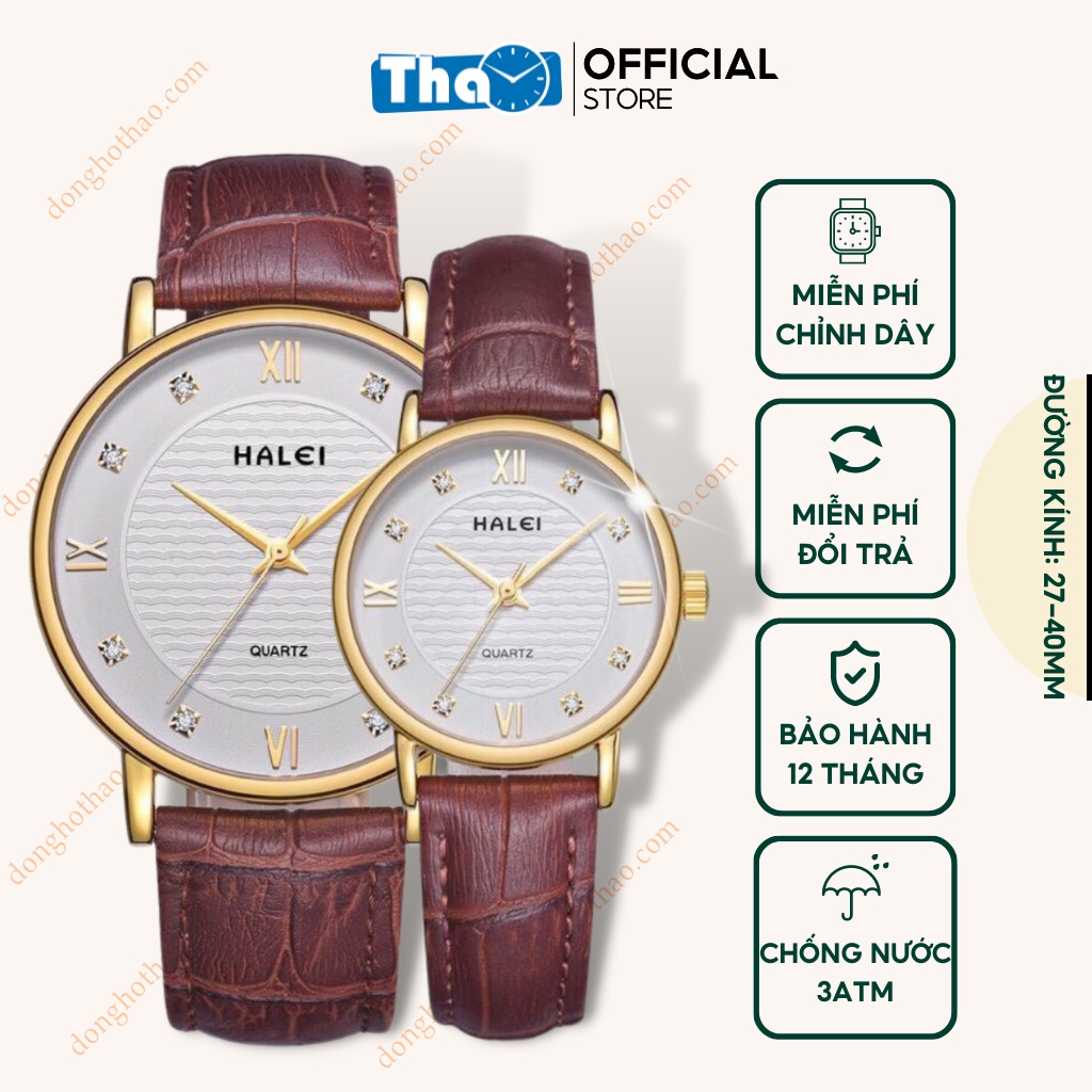 Đồng Hồ Cặp Đôi Halei 545 Dây Da Nâu Mặt Trắng