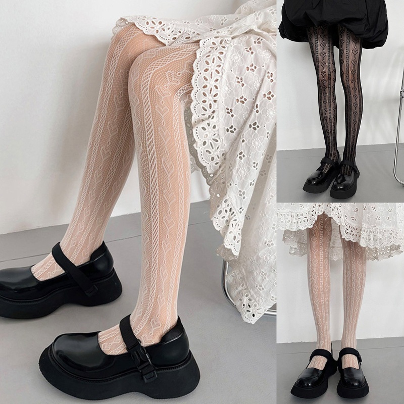 Xiangbao Quần Tất Lưới Họa Tiết Trái Tim Kẻ Sọc Ngọt Ngào Phong Cách Lolita Cho Nữ