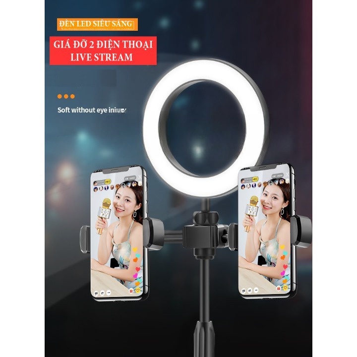 Đèn Livestream Tích Hợp Giá Đỡ 2 Điện Thoại Có 3 Chế Độ Sáng, Kẹp Điện Thoại Để Bàn Quay Video Có Đèn Led 3 Màu