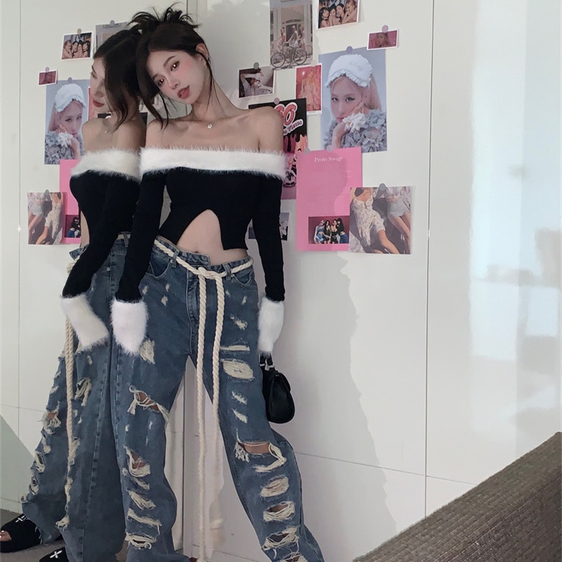 Áo Dệt Kim Tay Dài Trễ Vai Thiết Kế Xẻ Quyến Rũ