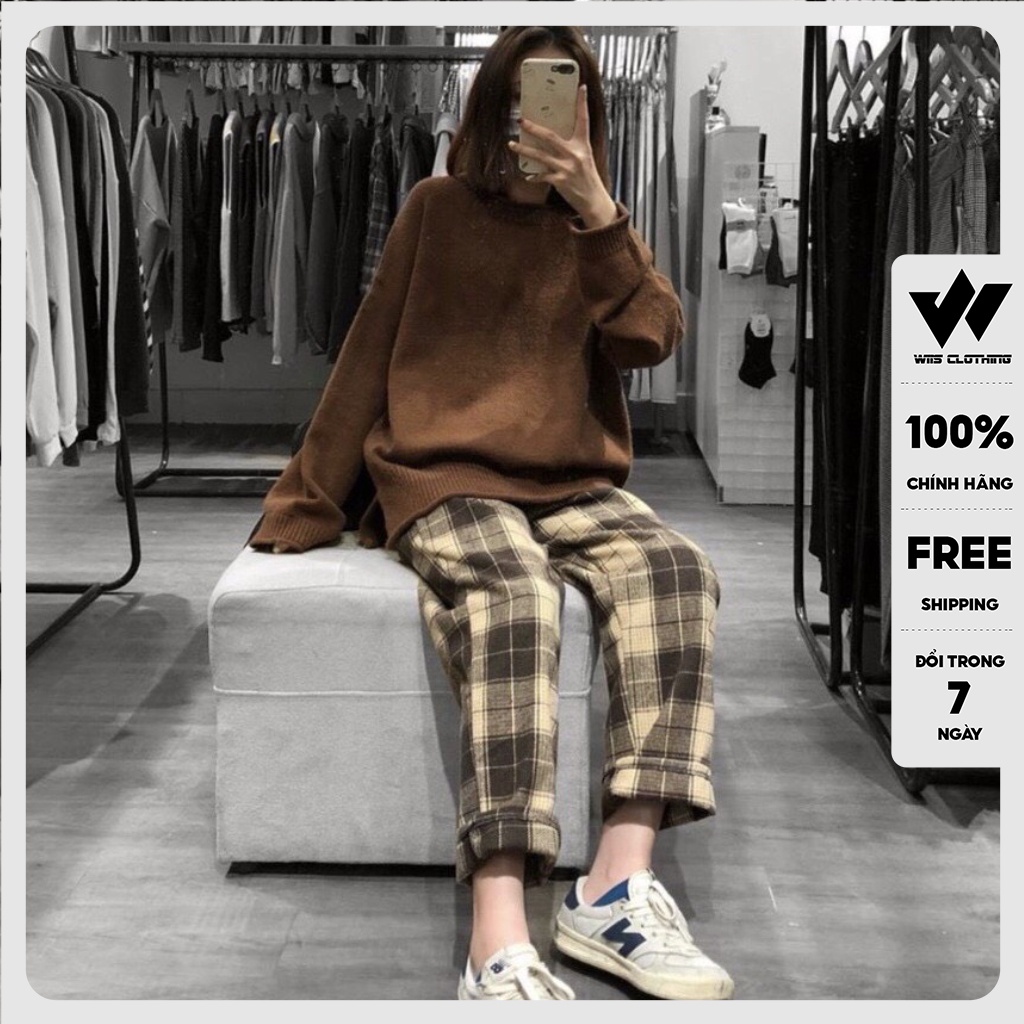 Quần baggy kẻ caro WIIS unisex Caro ống suông rộng nam nữ oversize ullzang
