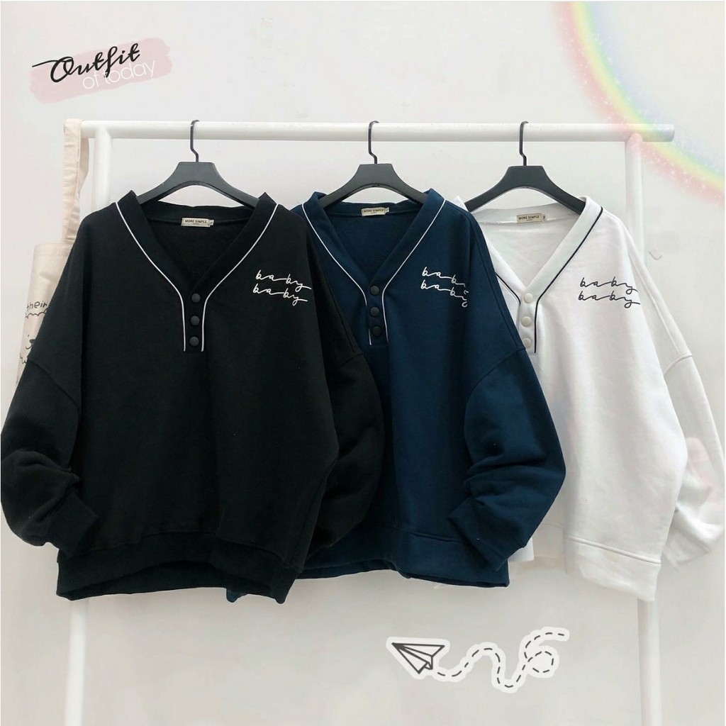 Áo Khoác Sweater Nỉ BABY Viền Cổ Phối Nút Tay Dài Form Rộng Ulzzang (Ảnh Thật) | WebRaoVat - webraovat.net.vn