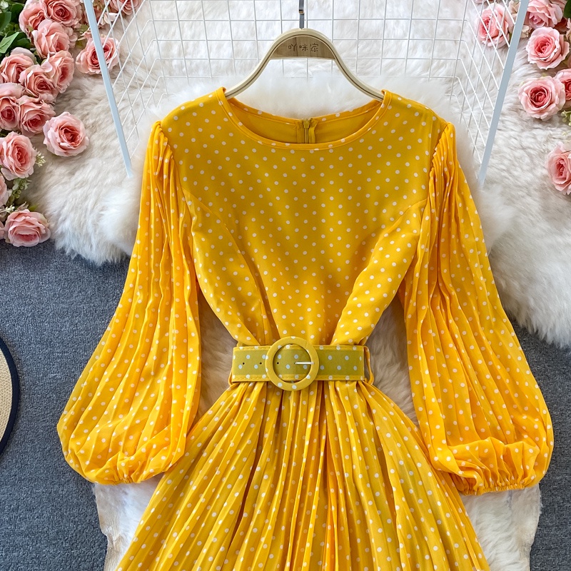 #1421   Đầm tay dài hoạ tiết chấm bi 5 màu có 2 lớp chất voan lụa kè belt thắt eo freesize