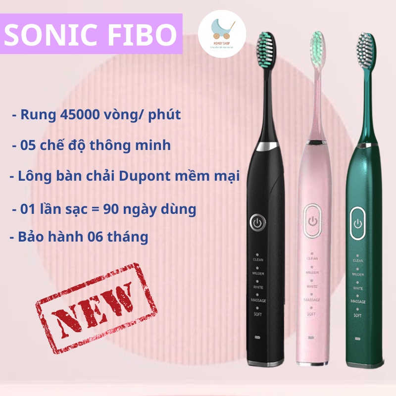 Bàn chải đánh răng điện cao cấp SONIC FIBO, bàn chải điện cho người lớn công nghệ Châu Âu 05 chế độ, bảo hành 06 tháng