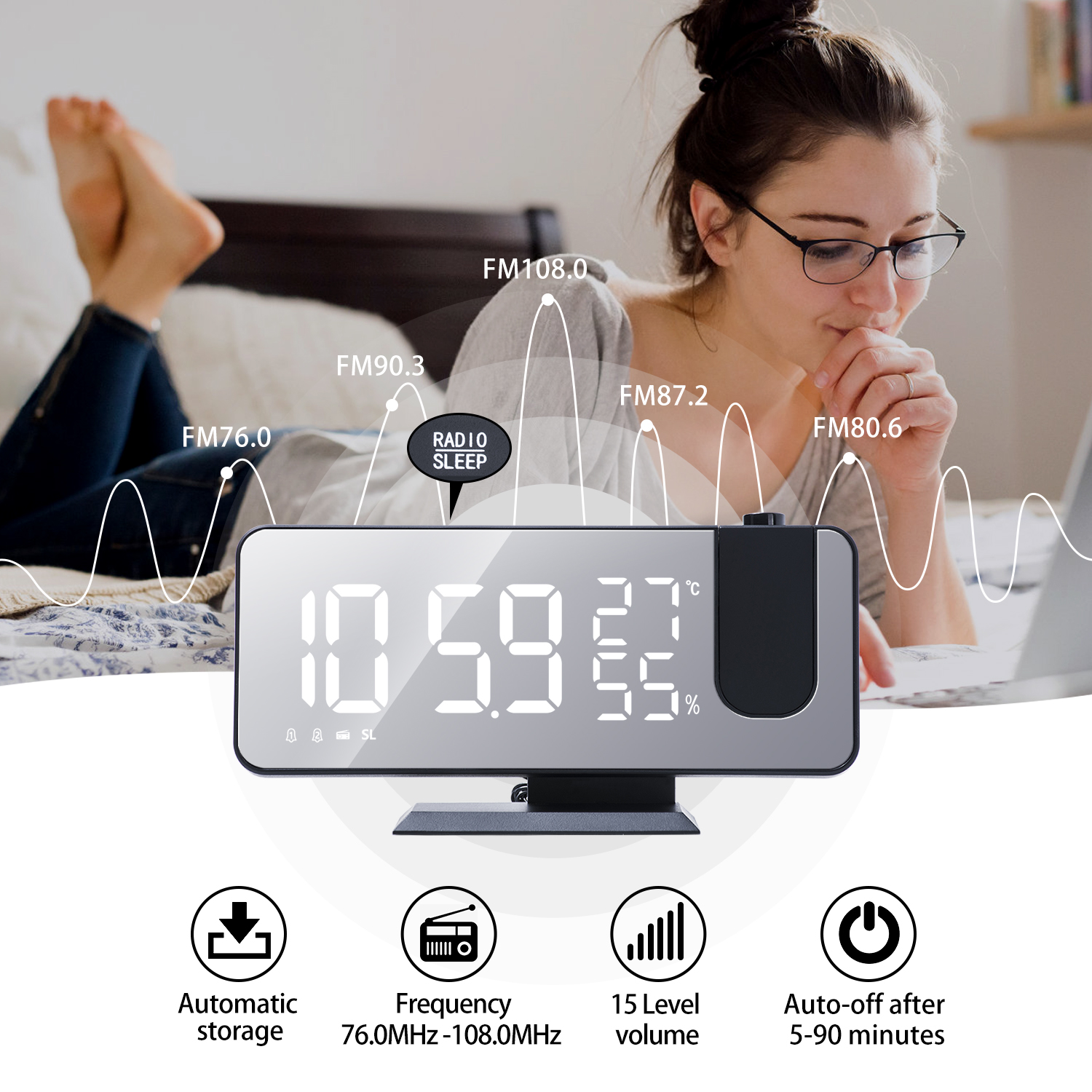 LED Digital Alarm Clock Watch Table Electronic Desktop Clocks USB Wake Up FM Radio Projector Snooze Function Alarm