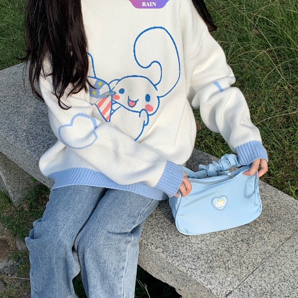 Áo Sweater Dệt Kim Chui Đầu Dáng Rộng Họa Tiết Hoạt Hình Sanrio Cinnamoroll My Melody Phong Cách Kawaii Cho Nữ [RAIN]