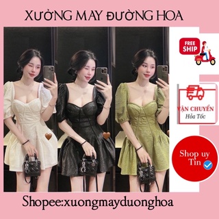 Váy gấm cup ngực tay lỡ dáng xoè 3 màu