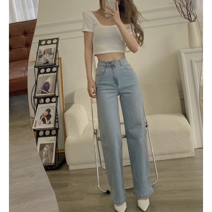 Quần jean nữ ống suông Zara lưng cao chất co giãn thoải mái phom dài 98cm tôn dáng