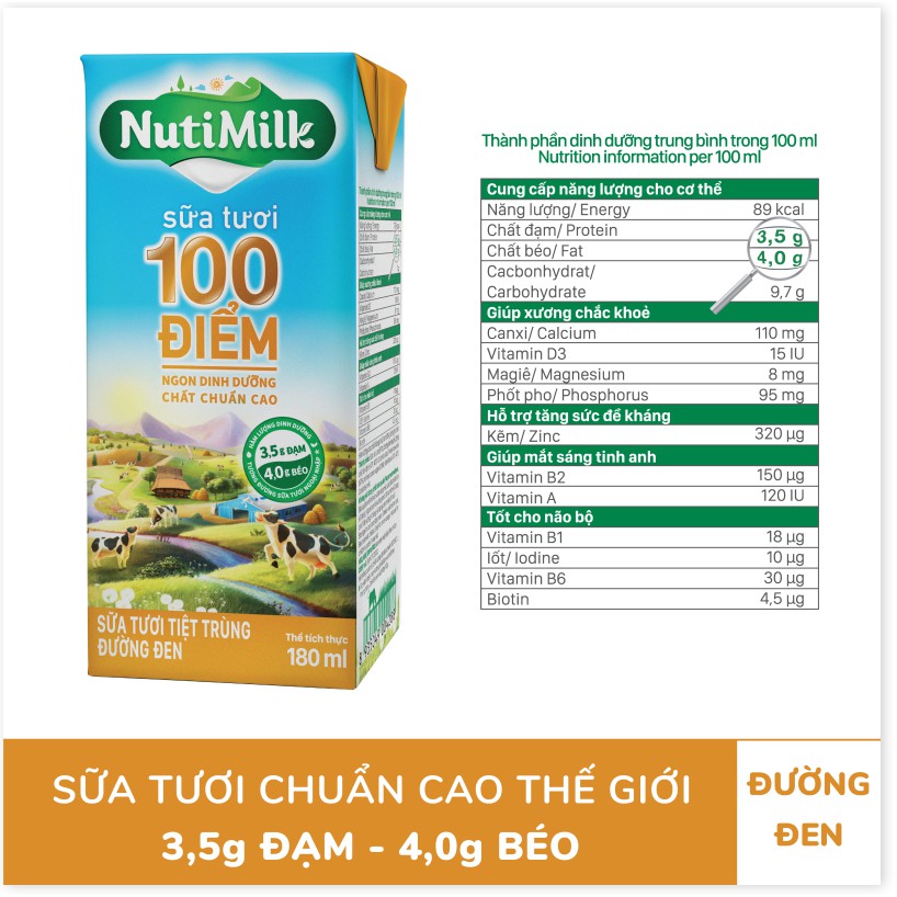 Combo 4 hộp Sữa tươi đường đen 100 điểm NutiMilk  - Sữa tươi chuẩn cao thế giới hương vị thơm ngon NT01CRN 180ml - Thươ
