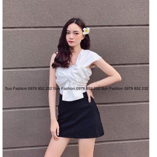 Áo kiểu nữ phối nơ vai form croptop chất vải Kate lụa FreeSize dưới 52kg