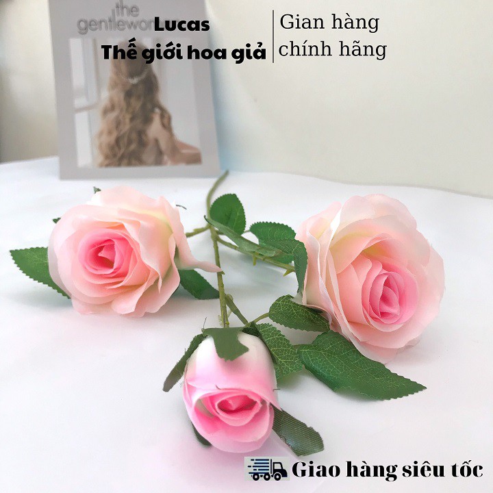 [Giá sỉ] Hoa giả - Hoa Hồng nụ cao Lucas 65cm cành 2 bông 1 nụ trang trí bền, đẹp, giống thật