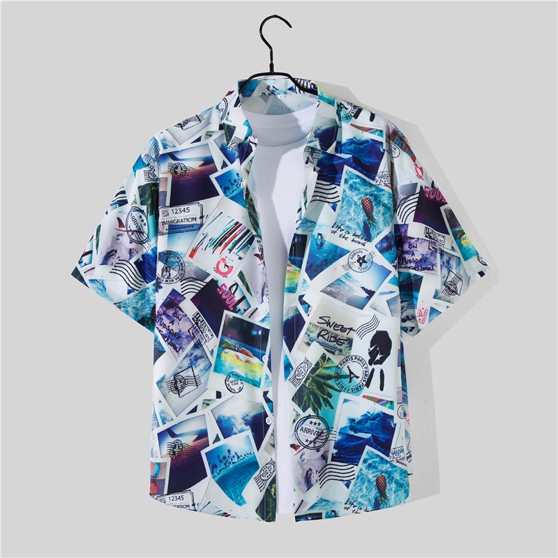 Áo Sơ Mi Tay Ngắn Dáng Rộng In Họa Tiết Cá Tính Phong Cách Hawaii Cho Nam