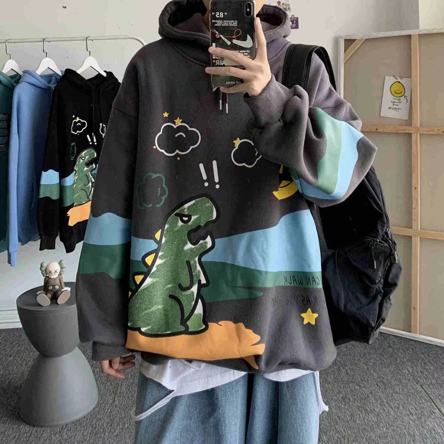 Áo hoodie dáng rộng in họa tiết khủng long hoạt hình cao cấp thời trang dành cho cả nam và nữ | BigBuy360 - bigbuy360.vn