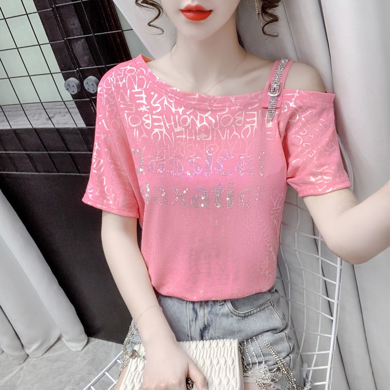Áo Thun Tay Ngắn Lệch Vai Đính Đá Thời Trang Dành Cho Nữ