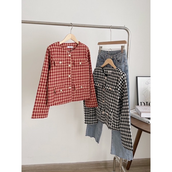 Áo khoác dạ tweed độn vai kẻ caro - Áo khoác dạ nữ ziczac 2 màu đen đỏ