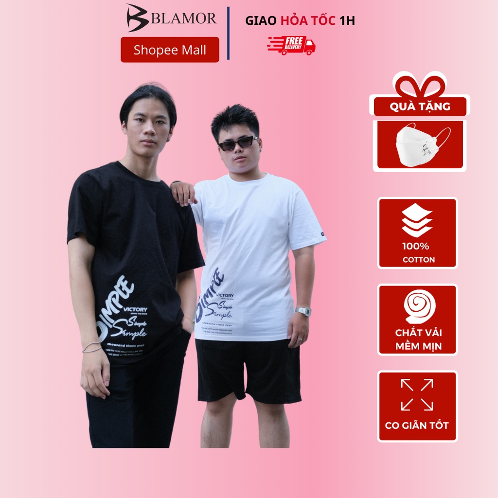 Áo phông unisex Blamor nam nữ tay lỡ in hình Simple cotton B002