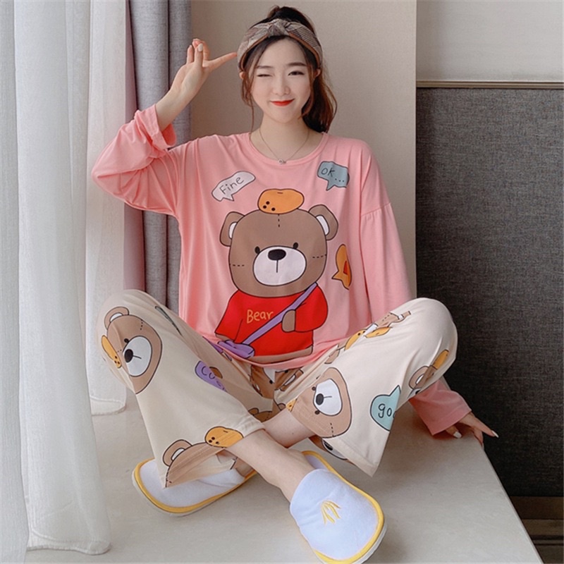 Bộ Ngủ Thun Dài Tay Hoạ Tiết Kute Hàng Quảng Châu Form Rộng Rãi