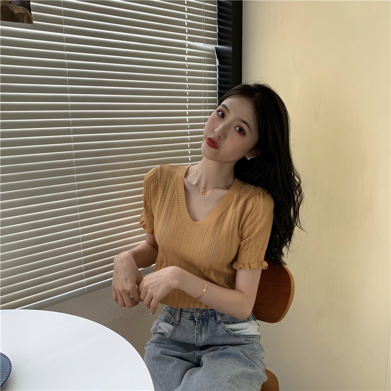 AimeiBeauty Cutout V-neck short-sleeved knitted slim croptop T-shirt | BigBuy360 - bigbuy360.vn