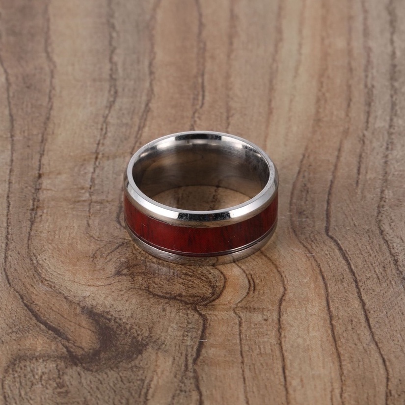 Nhẫn nam nữ tròn Unisex màu bạc đỏ Thời trang Kuu Studio chất liệu Titan đẹp đơn giản - Nhẫn Red Wood