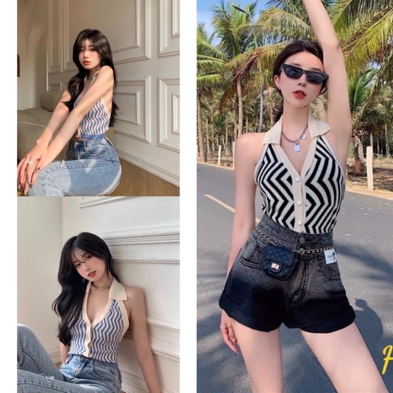 Áo Croptop Nữ Kẻ Sọc 3 Lỗ Cúc Cài Hở Lưng Siêu Xinh Áo crt Cổ Bẻ 2 Màu So Hot
