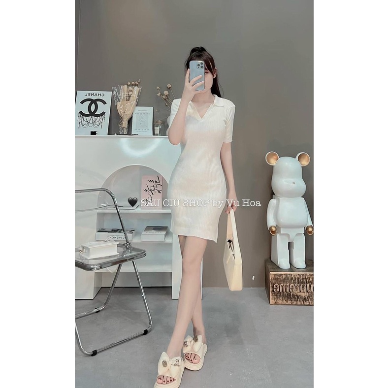 Đầm gân body cổ trụ ngắn tay hott