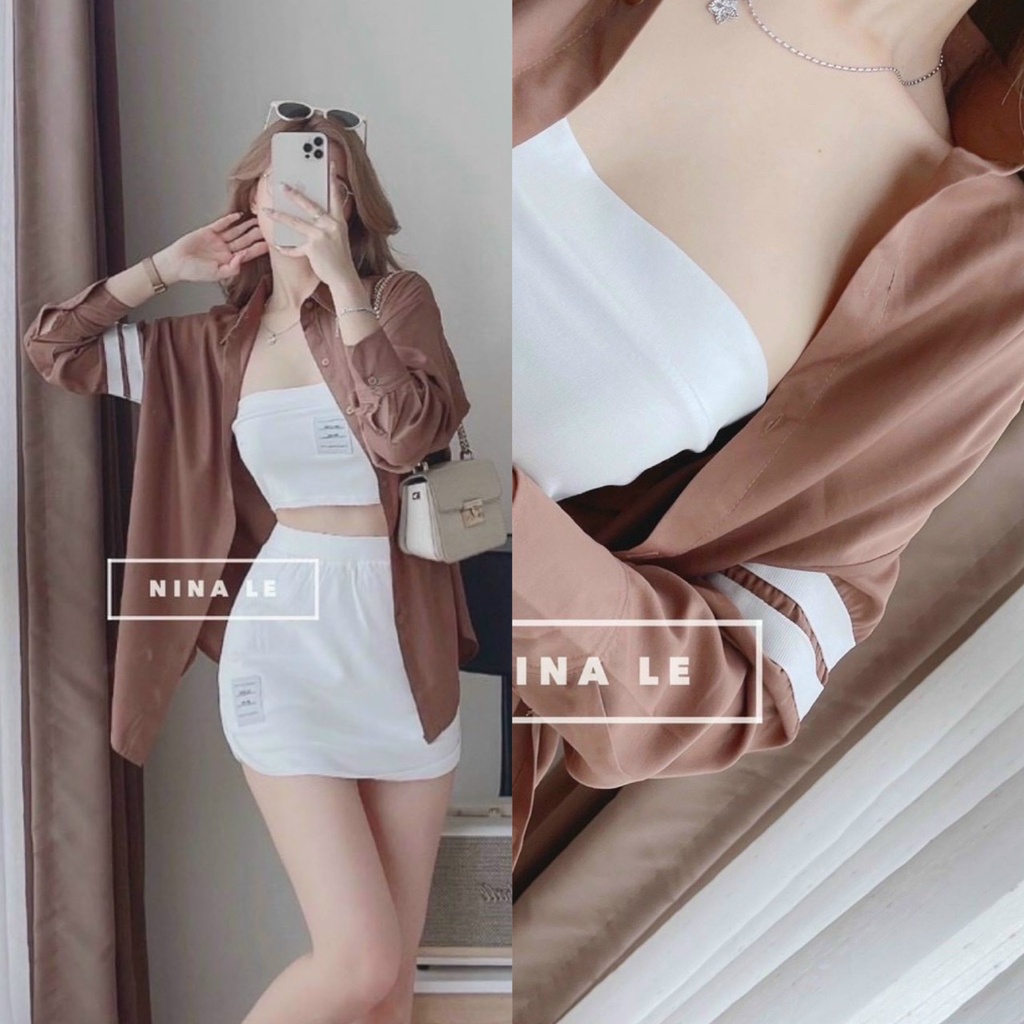 Sét bộ 3 món phối áo 2 dây croptop kèm chân váy áo khoác sơ mi tay dài thời trang nữ thiết kế năng động