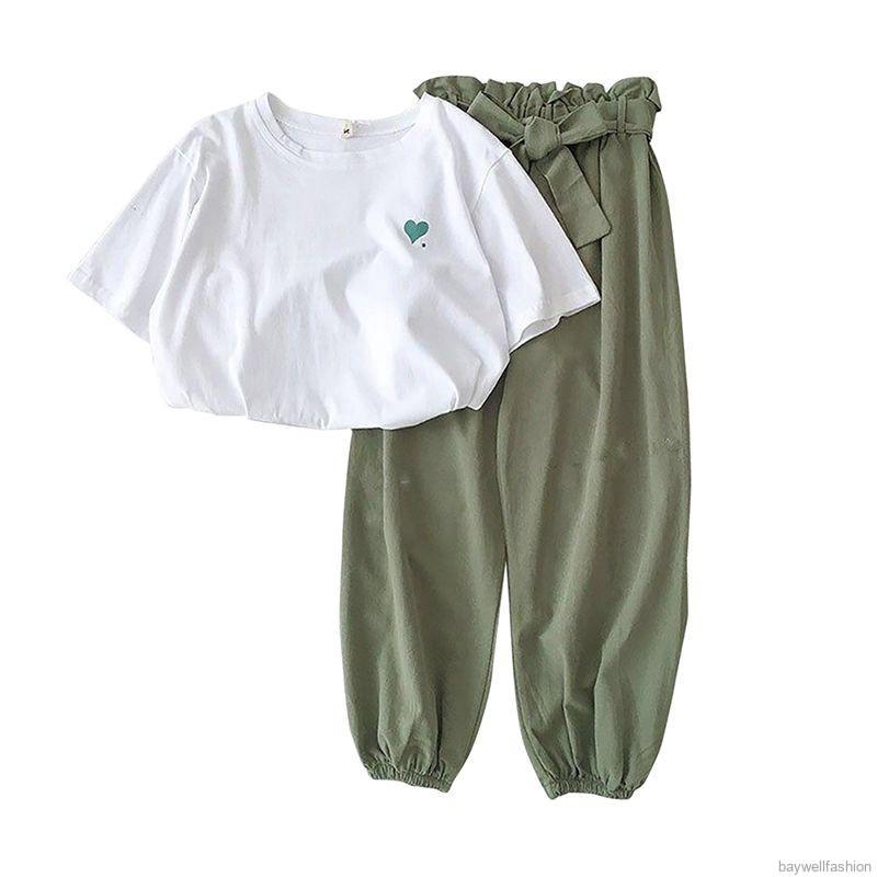 [Baywellfashion]Set áo thun tay ngắn + quần dài thiết kế đơn giản cho phái nữ | BigBuy360 - bigbuy360.vn