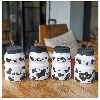 [ẢNH THẬT] LY CỐC SỨ quà tặng chai sữa bò dễ thương, combo kèm ống hút thủy tinh, nắp, màu ngẫu nhiên, 500ml - CÓ SẴN