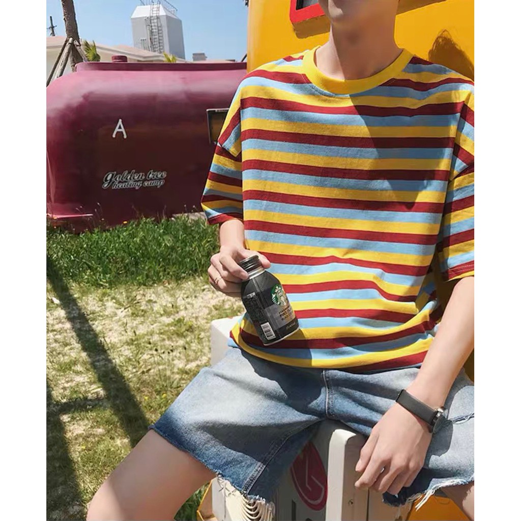 Áo thun Cotton unisex tay lỡ form rộng Áo phông nam nữ kẻ ngang dày mát basic tee ulzzang