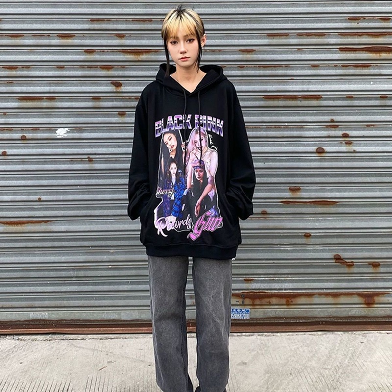 Áo hoodie IELGY màu đen in họa tiết phong cách hip hop dễ phối đồ thời trang cho nữ
