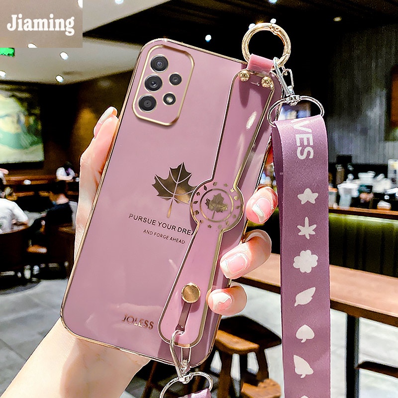 Ốp Điện Thoại Viền Thẳng Mạ Điện Họa Tiết Lá Phong Kèm Dây Đeo Và Vòng Tay Cho Samsung Galaxy A52 4G 5G