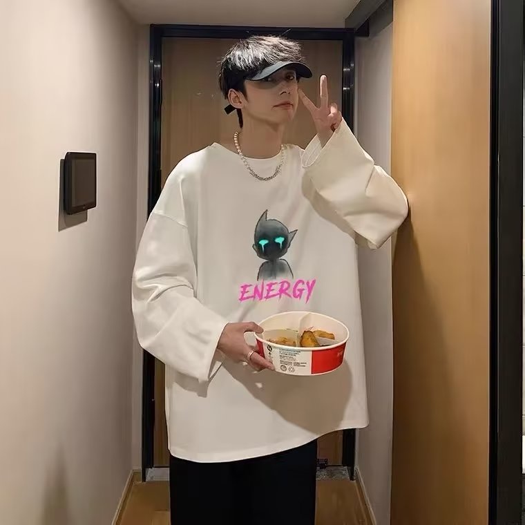 Áo Thun Tay Dài Cổ Tròn Dáng Rộng In Chữ Phong Cách Hip Hop Hàn Quốc Thời Trang Cho Nam Size M-5XL