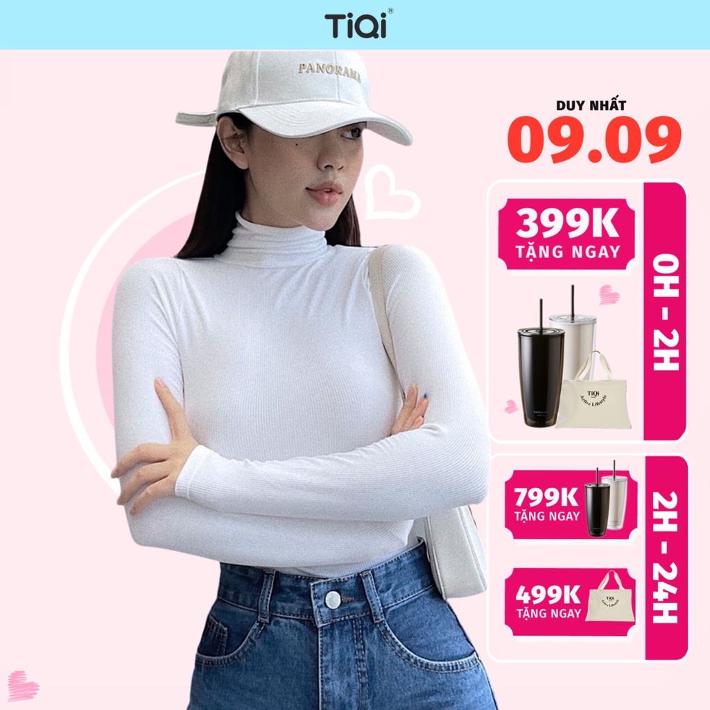 Áo croptop cổ lọ vải thun cotton tay dài trắng đen nude TiQi Jeans A133