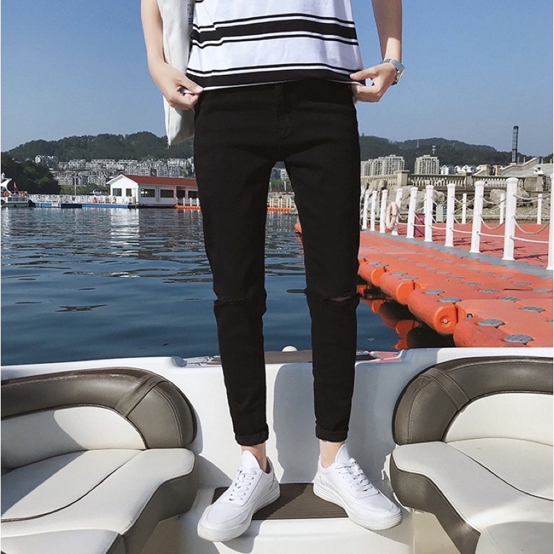 QUẦN JEANS SKINNY CO DÃN TRƠN VÀ RÁCH GỐI FORM UNISEX NAM NỮ