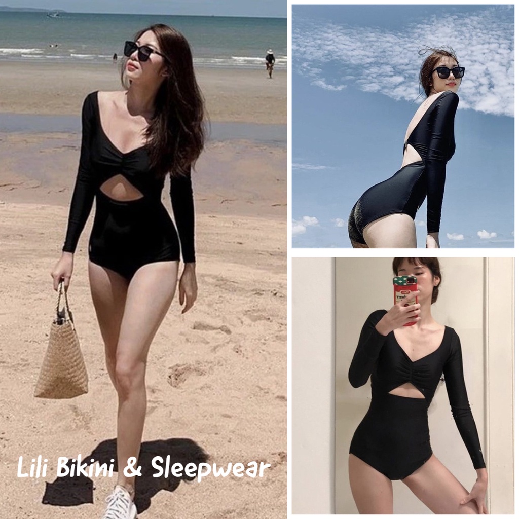 (Mẫu mới 2023)Bikini bộ đồ bơi Hàn Quốc tay dài chống nắng tay dài kín đáo màu đen che khuyết điểm