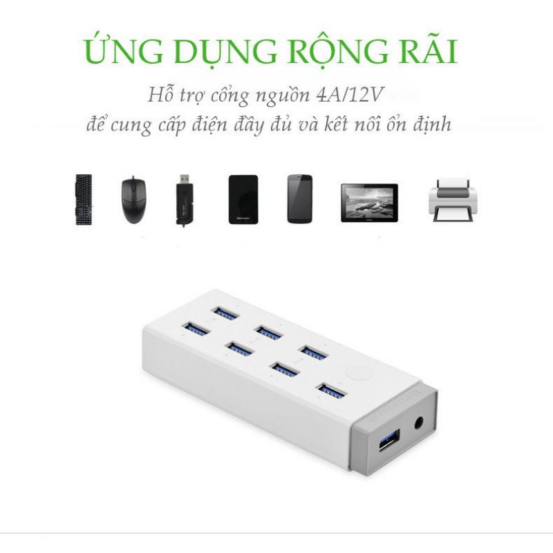 Hub đa năng 7 cổng USB 3.0 có nút bật tắt, kèm sạc điện thoại, máy tính bảng, hỗ trợ nguồn 12A/2V Ugreen 20296 CR116