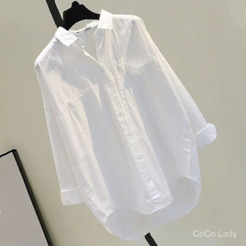 Áo sơ mi cotton màu trắng hai túi trước và sau lưng thời trang Hàn Quốc cho nữ 3u5W 2021
