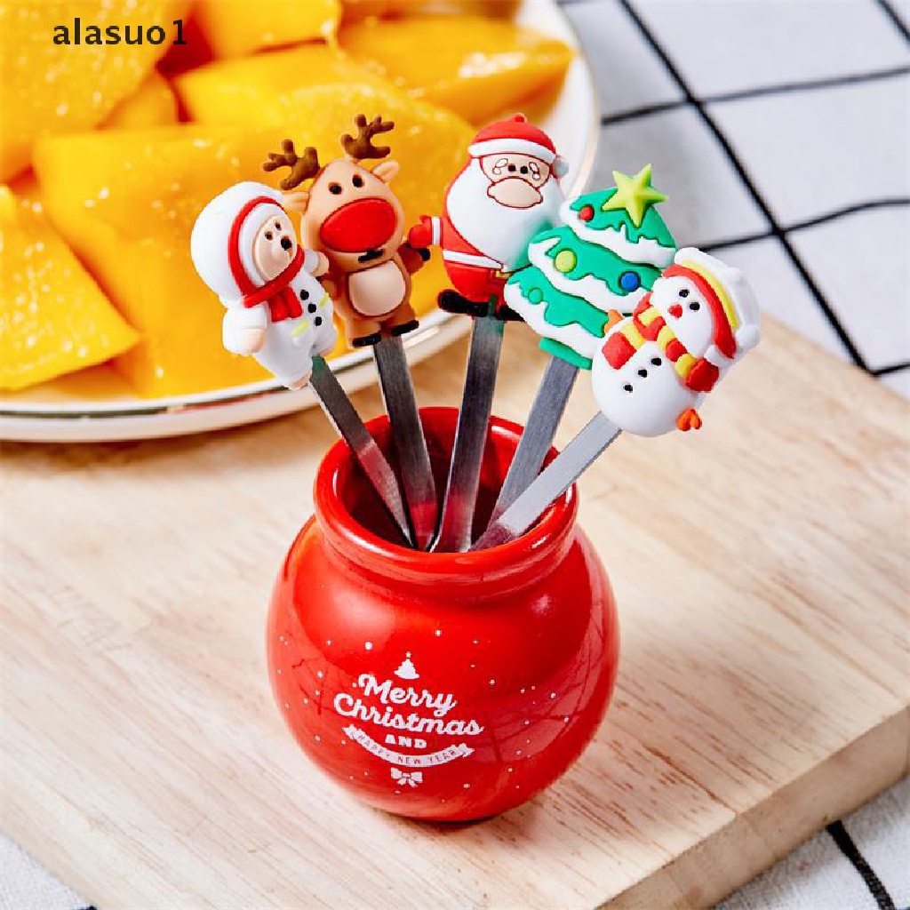 Bộ 5 Nĩa Ăn Trái Cây / Salad Hình Ông Già Noel Hoạt Hình Bằng Thép Không Gỉ