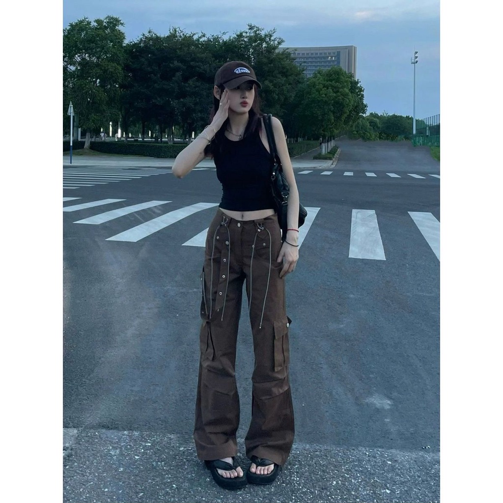 Quần Yếm Jean Ống Rộng Lưng Cao Phong Cách Hip Hop Mỹ Thời Trang Mùa Hè Cho Nữ