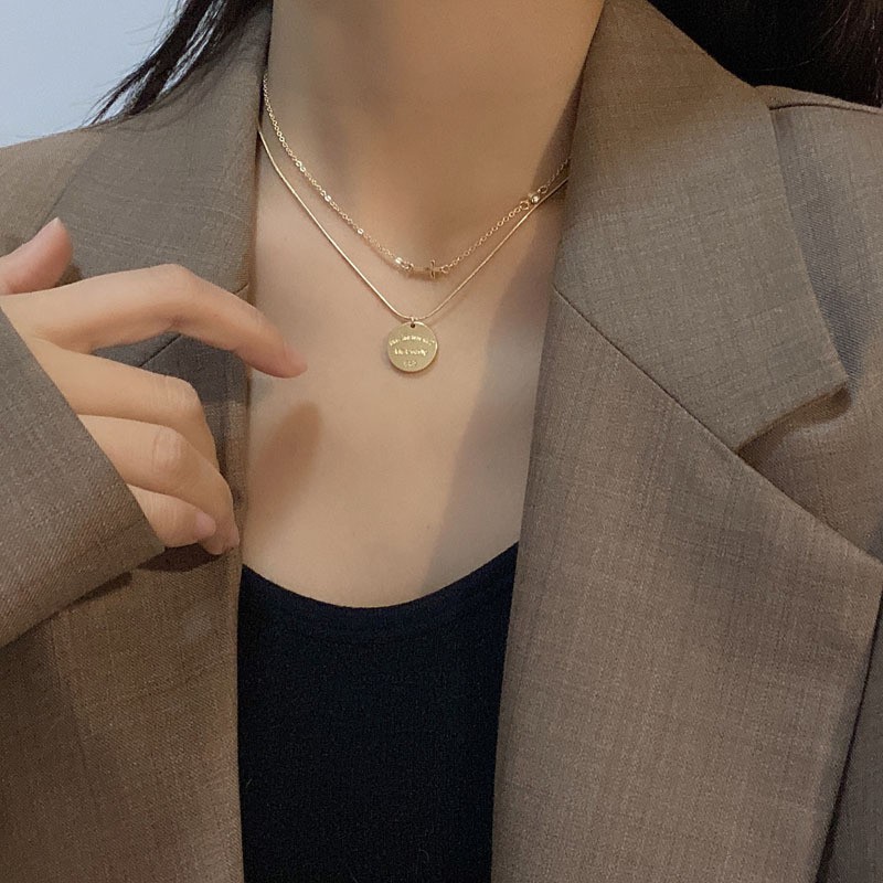 Vòng cổ 2 dây mặt tròn khắc chữ, dây chuyền novset sang trọng