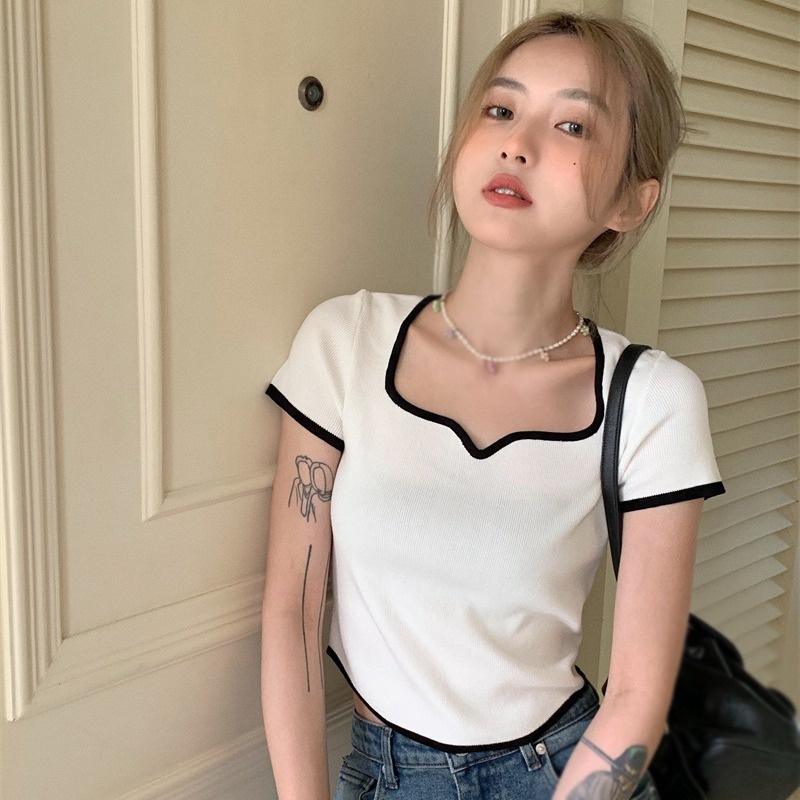Áo Thun Tay Ngắn Cổ Vuông Màu Sắc Tương Phản Phong Cách Hàn Quốc Cho Nữ