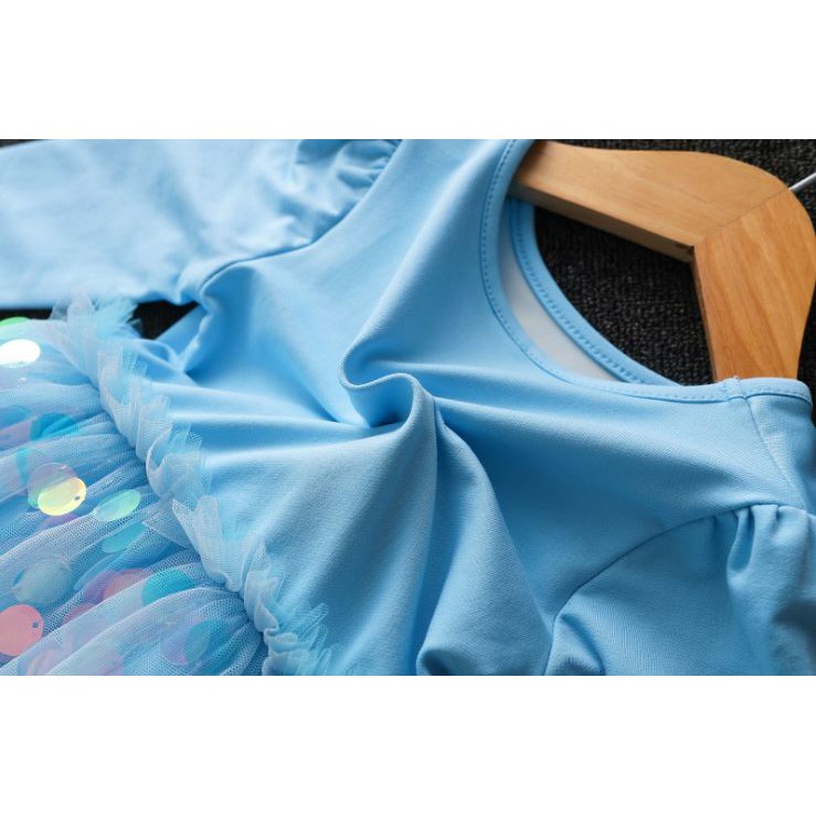 Váy Elsa Thu Đông 2021 Chất Cotton Da Cá, Đính Cườm Lấp Lánh Màu Xanh Nhạt và Tím Hồng