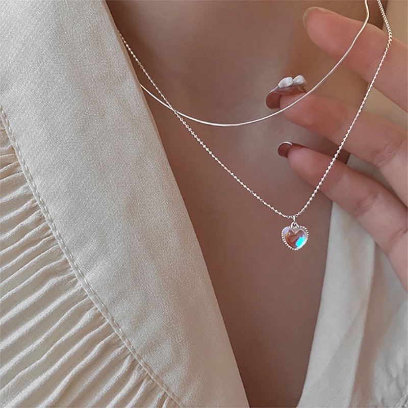 Vòng cổ Hai Lớp Mặt Đá Opal Hình Trái Tim Thời Trang Hàn Quốc