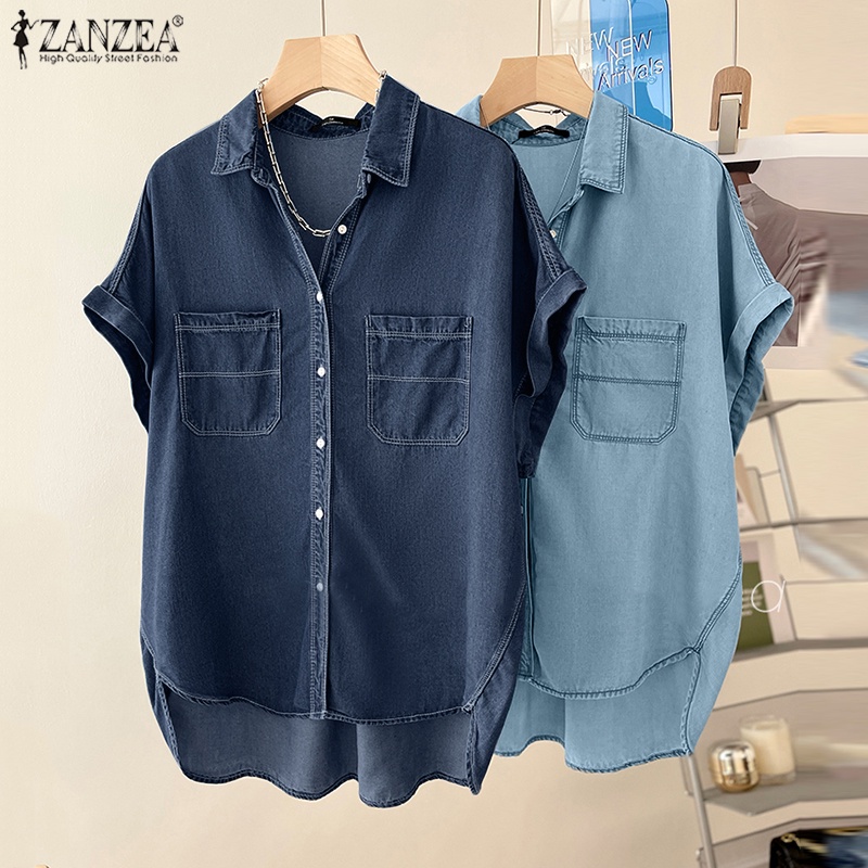 Áo sơ mi ZANZEA vải denim ngắn tay dáng rộng phối túi thời trang dành cho nữ