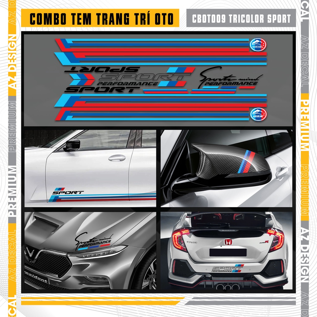 Tem Xe Hơi Dán Đa Vị Trí Chủ Đề Tricolor Sport | CBOTO09 | Decal Trang Trí Ô Tô Chống Nước, Bền Màu