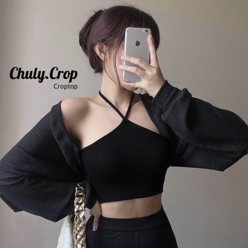 Set Áo Croptop Kèm Khoác Cardigan Tay Phồng YUMI BÁN SỈ